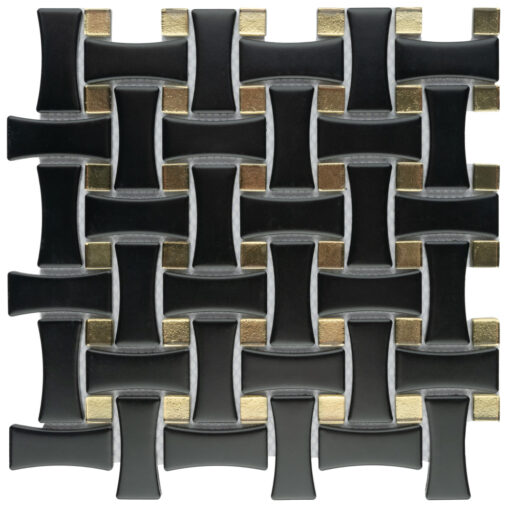 Metro Dog Bone Basketweave Matte Black w/Glass Gold Dot 10 in. x 10 in. Porcelain Mosaic Tile