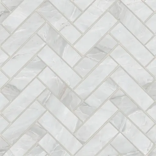 Magnifica 1" x 4" - 8mm Honed Porcelain Herringbone Mosaic in Pietra Bianca