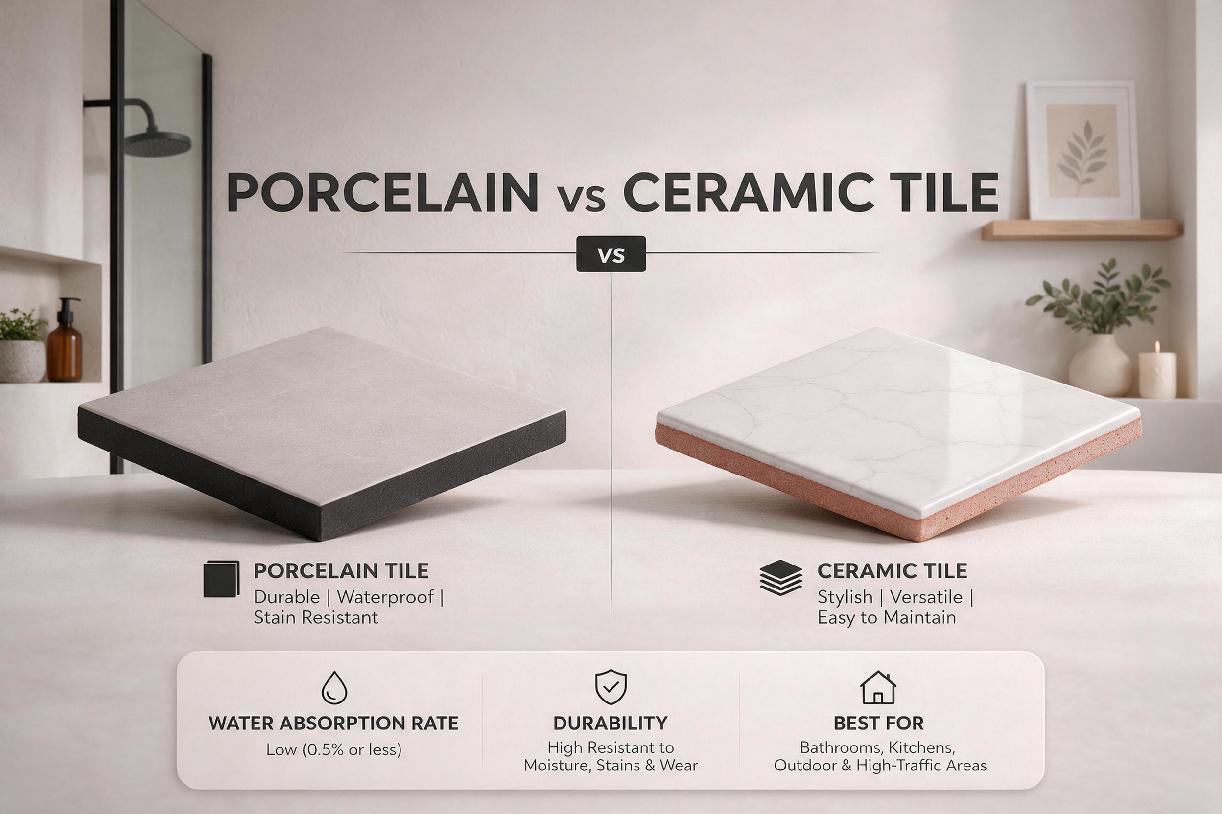 Side-by-side comparison of Bedrosians ceramic and porcelain tile samples available at Beyond Flooring.